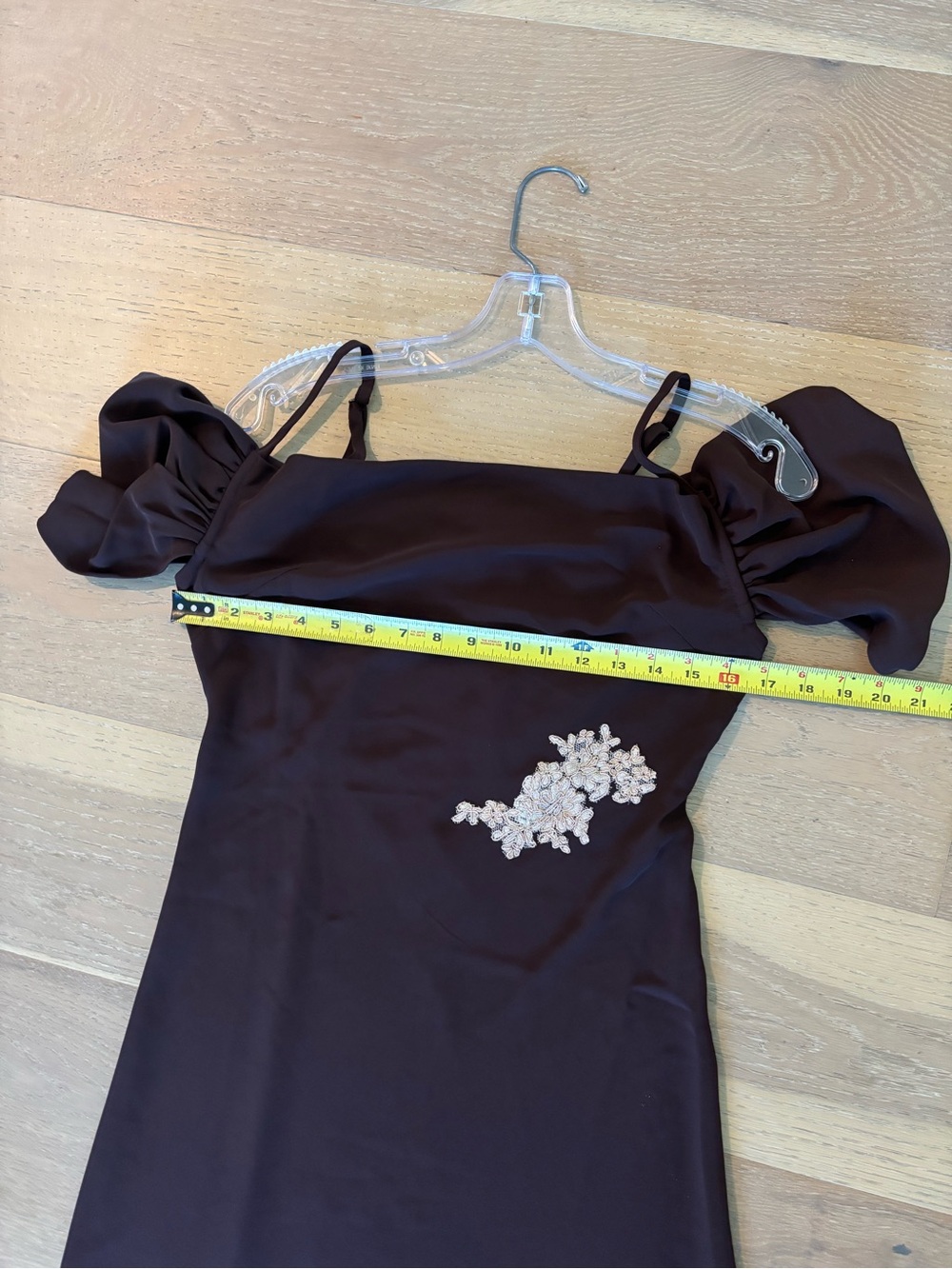 Anthropologie Bl-nk Satin Off-Shoulder Lace Midi Dress Small Reg Chocolate Brown - Picture 12 of 13